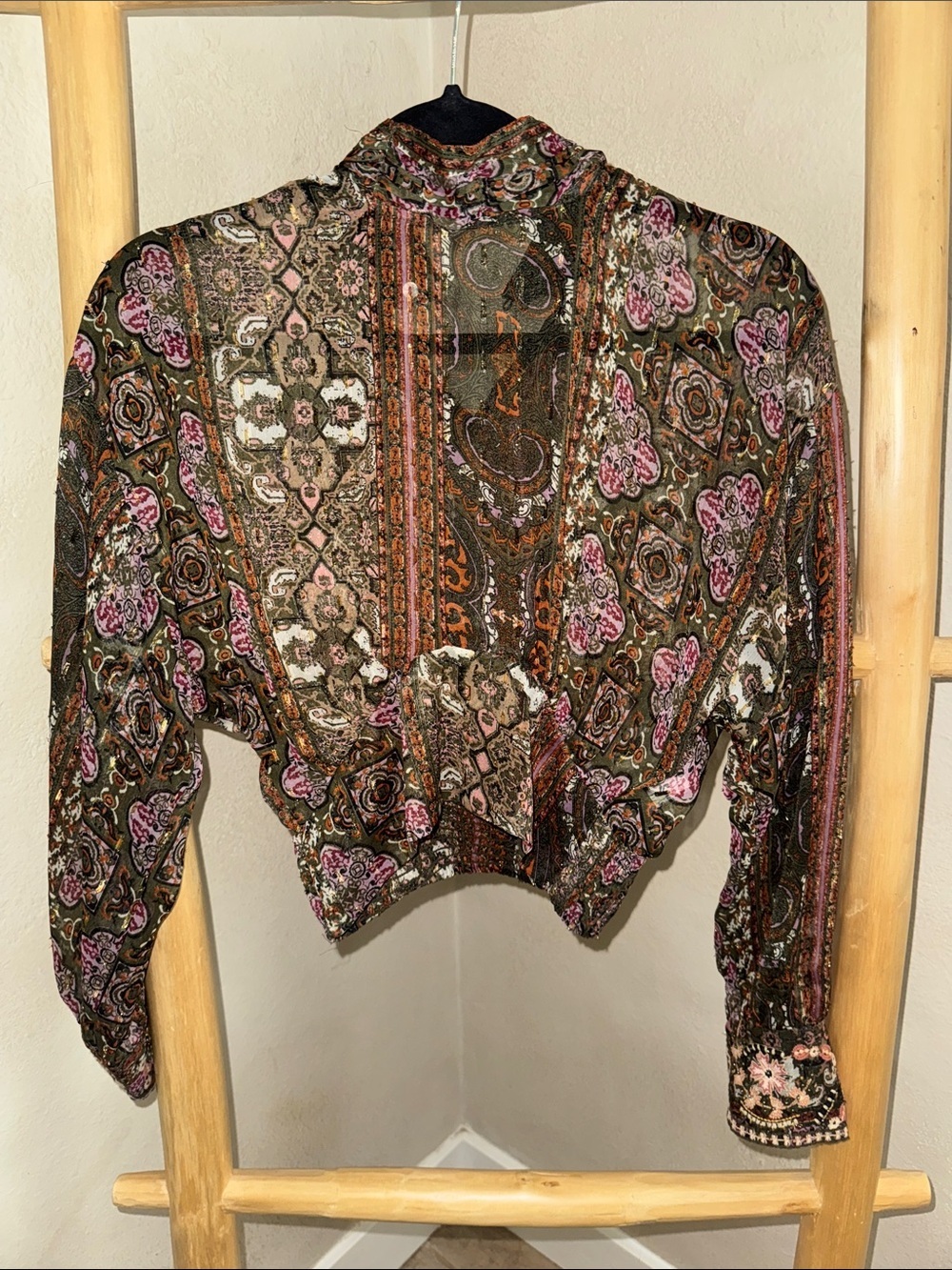 Zara Olive Paisley Print Blouse with Pink Accents